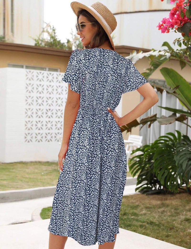 ROYLAMP Women's Floral Button Up Split Dress Deep V Short Bell Sleeve Flowy Midi Dress with Pockets Navy Blue M - Image 2
